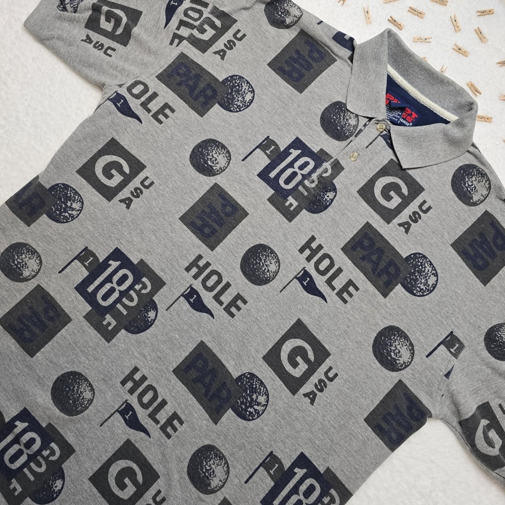 Vintage Pivot Rules Golf‎ Polo Shirt Size L Gray All Over Print 100% Cotton
